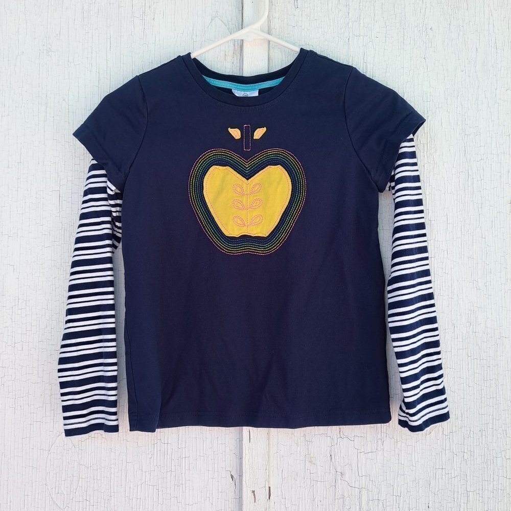 Hanna Andersson Apple Applique Striped Navy Shirt